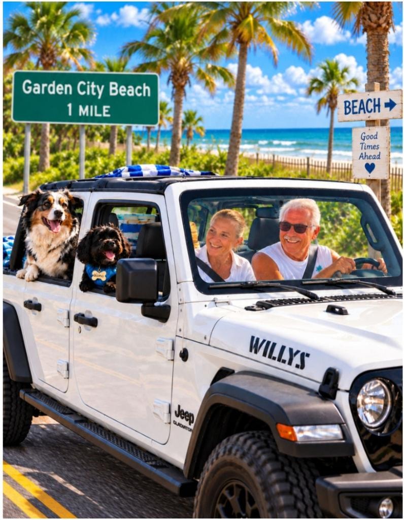 Gizmo and family arriving at Garden City Beach in a Jeep