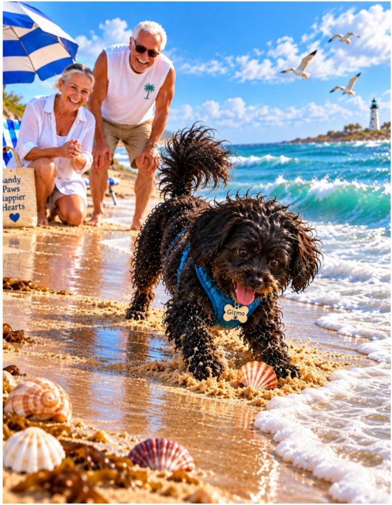 Gizmo playing in the waves at the beach