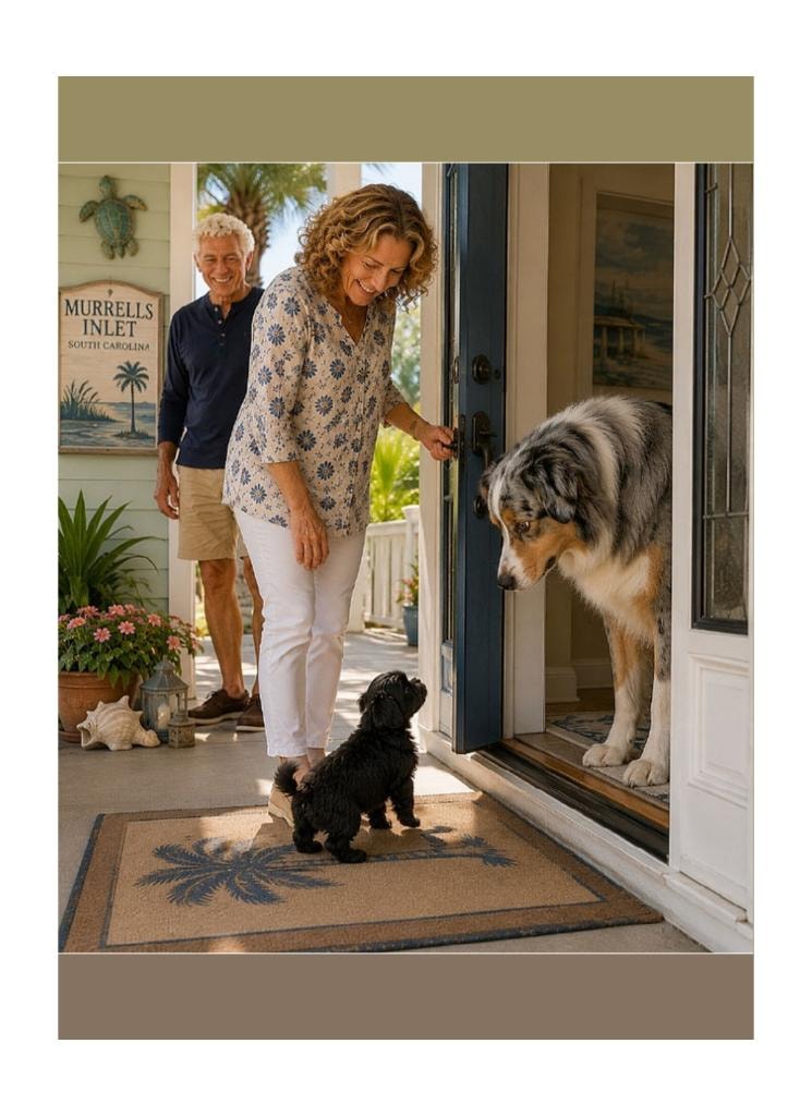 Gizmo meeting a big dog at the door in Murrells Inlet
